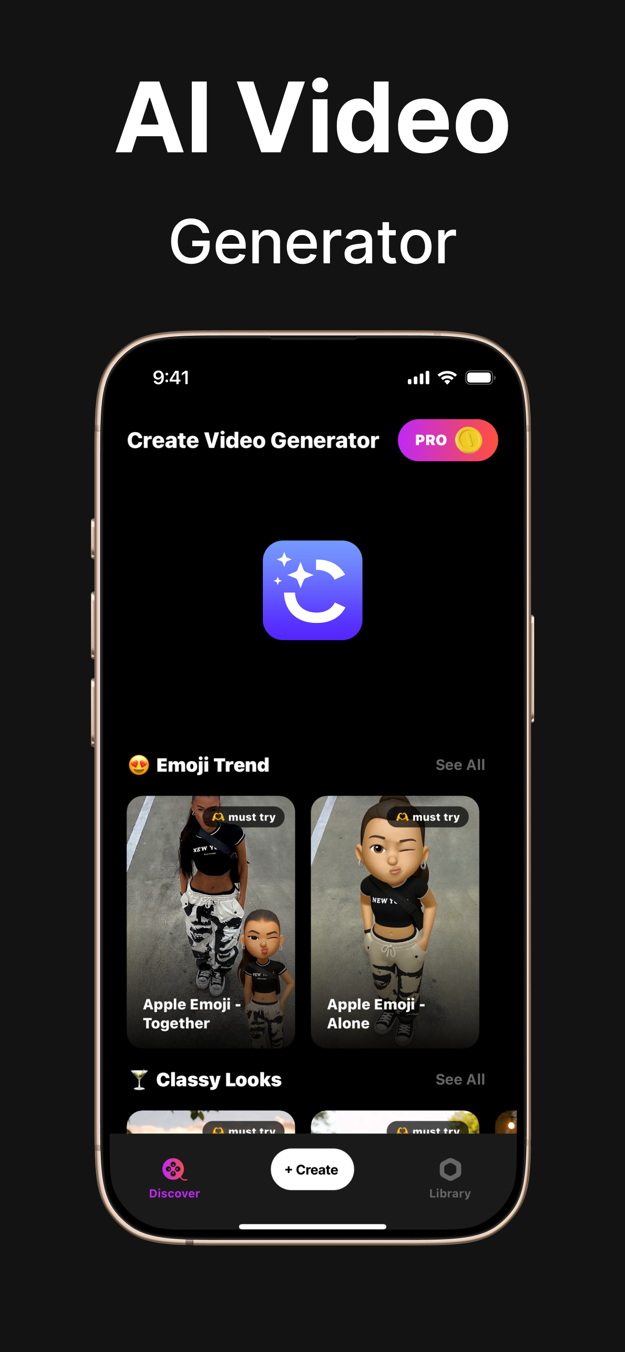 AI Video Generator - Main app screen with PRO features and template categories