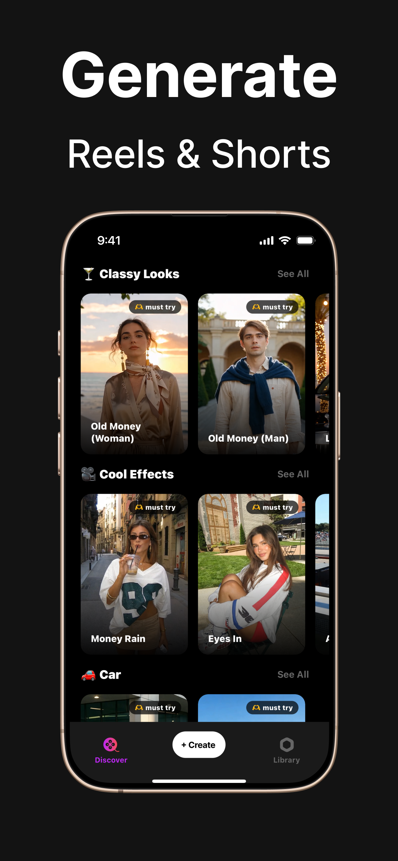 Generate Reels & Shorts - Template gallery with Classy Looks and Cool Effects