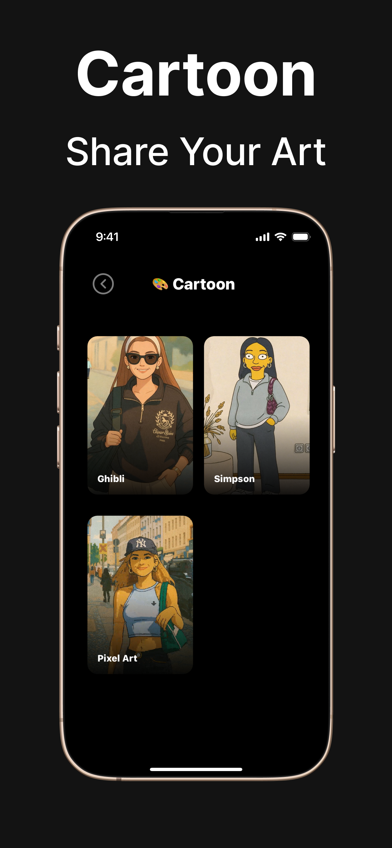 Cartoon Share Your Art - Cartoon filter gallery with Ghibli, Simpson, and Pixel Art styles